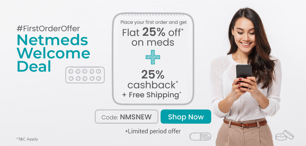 Netmeds – Get Flat 25% OFF on Medicines + Extra 25% NMS Cashback + Payment Wallet Offers