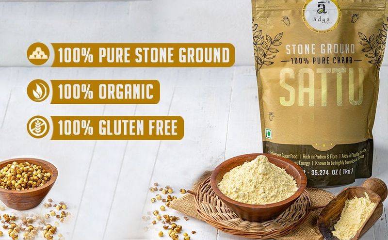 Adya Organics Sattu Powder | Gluten Free Roasted Black Chana Flour | 100% Natural & Gluten Free Chana Sattu l Atta with High Fiber | Sattu Drink Powder 1Kg