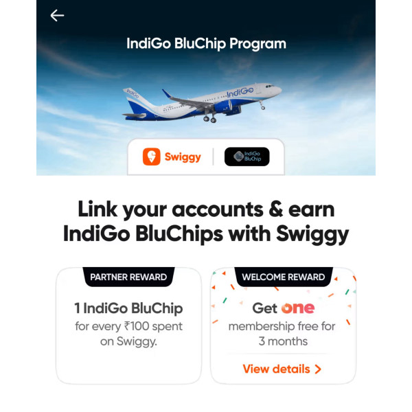 Swiggy × IndiGo Bluechip: Earn Point + Free Swiggy One Membership